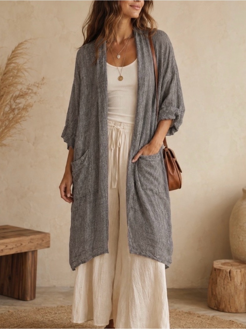 J. Jill Pure 100% Linen Duster w/ Pockets Lightweight Open-Front Cardigan Large